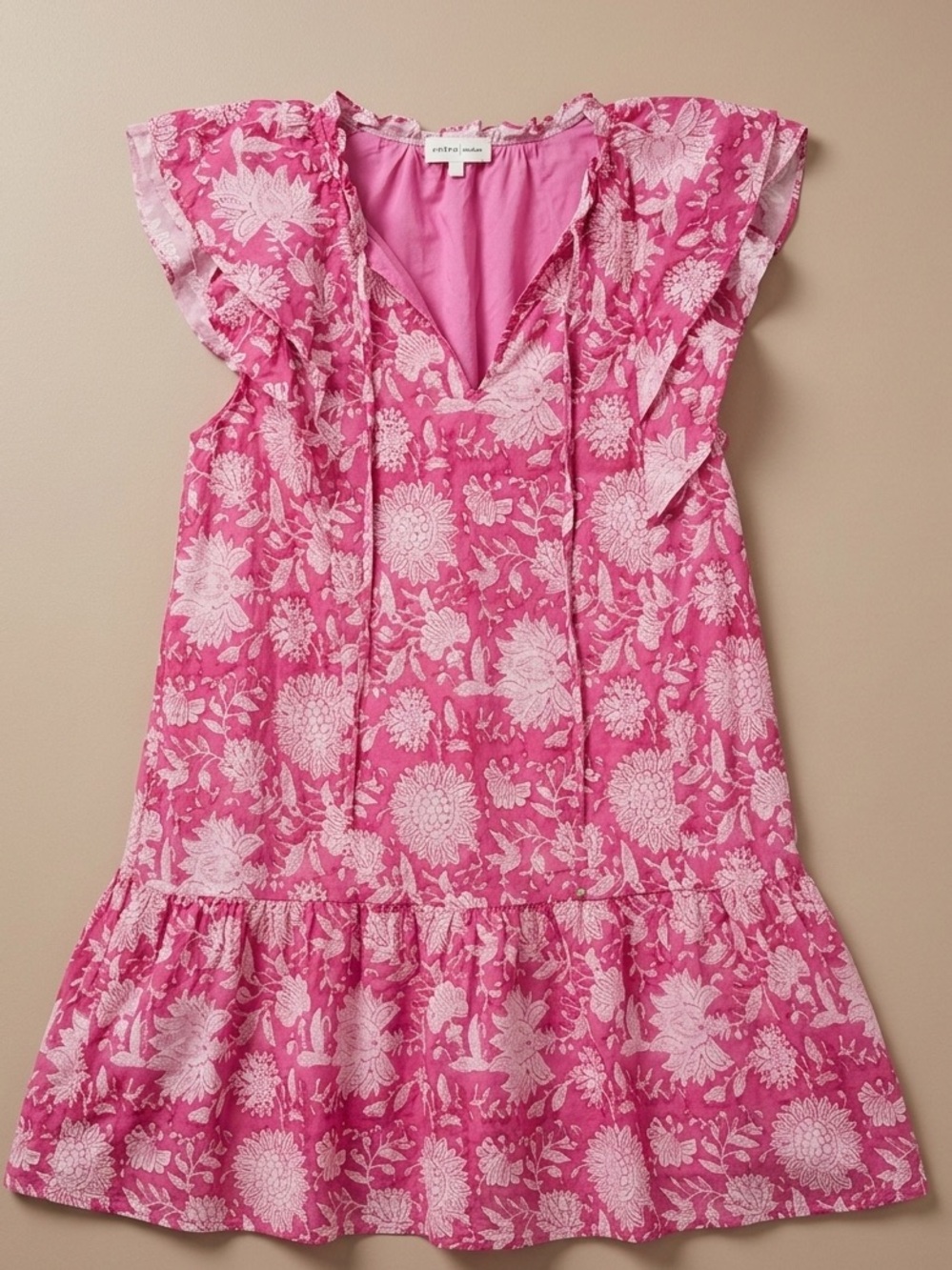 Entro Pink Floral Ruffle Sleeve Mini Dress Size Medium